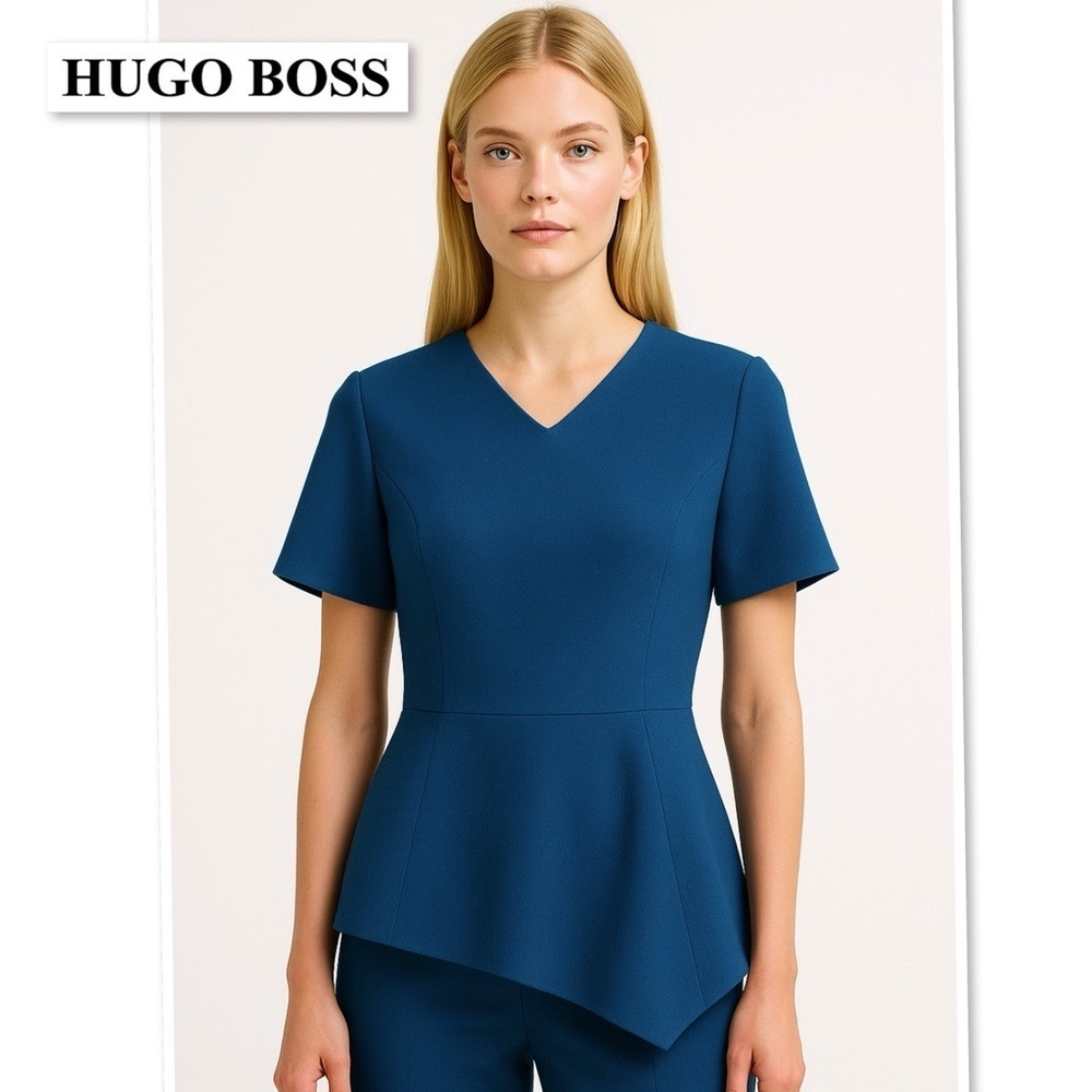 HUGO BOSS Ilafea Blue Peplum Top Size 8 Asymmetrical Hem Workwear Chic Designer